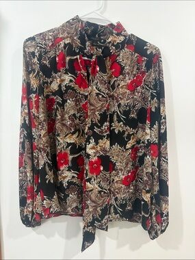 Ann Taylor Black Blouse with Red Floral & Tan Scroll Print